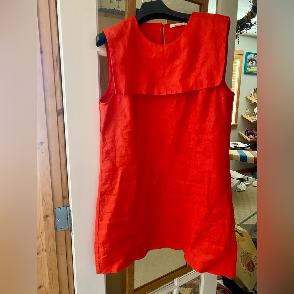 Doen Red Linen Mini Monroe Dress with sailor collar